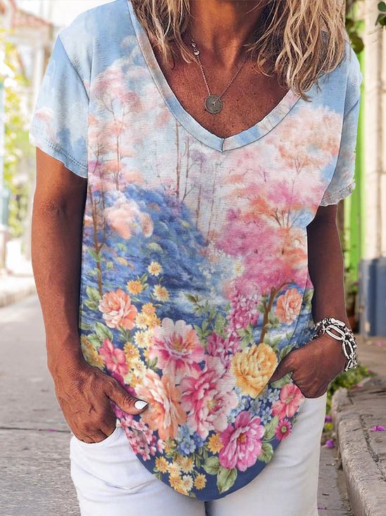 Casual Floral Print V-Neck Short Sleeve T-shirt