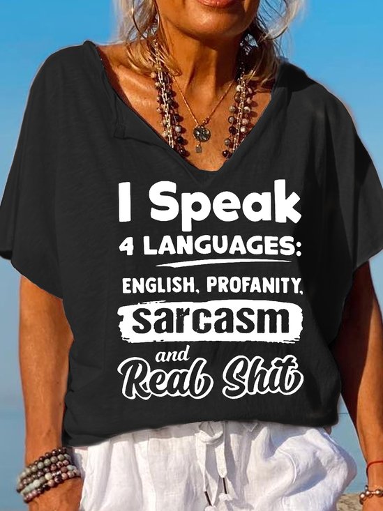 Speak 4 Languages Sarcasm T shirt, Funny Letter Print V Neck Letter Short Sleeve T-Shirt
