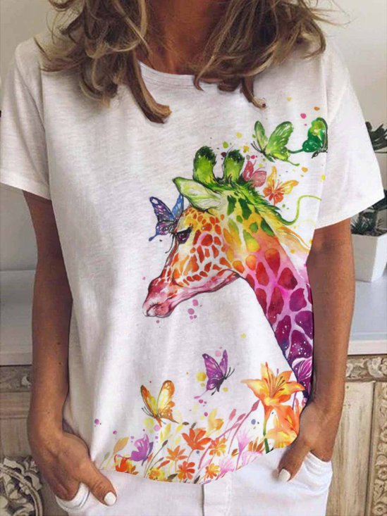 Casual Simple Giraffe Butterfly Print Crew Neck T-Shirt