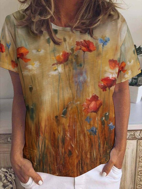 Women's Flower Print Crew Neck Casual Short Sleeve T-Shirt