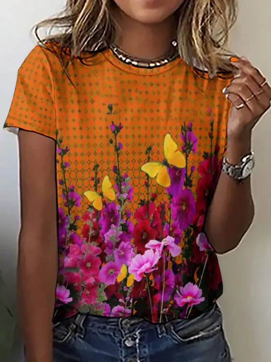 Casual Simple Floral Print Crew Neck T-Shirt
