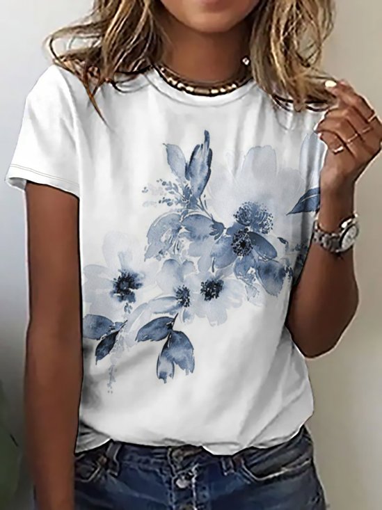 Casual Simple Floral Print Short Sleeve Crew Neck T-Shirt
