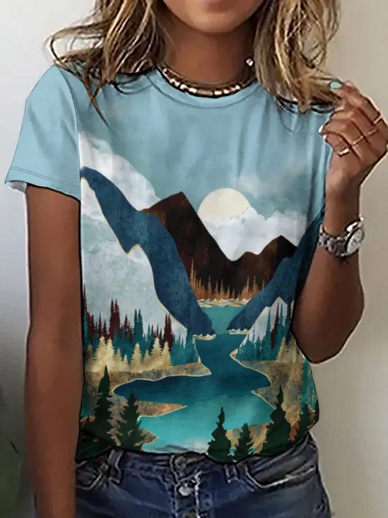 Casual Abstract Landscape Print Crew Neck Short Sleeve T-Shirt