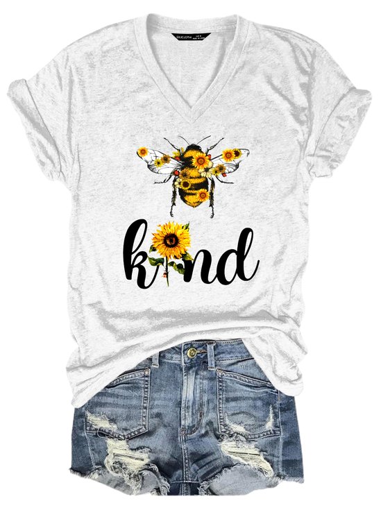 Funny Bee Kind Sunflower Print V-neck T-shirt