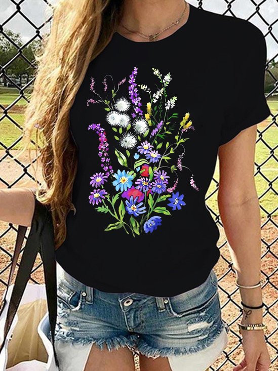 Womens Flower Print Casual Short Sleeve T-Shirt