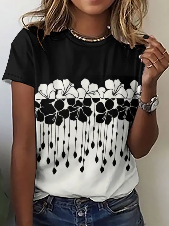 Casual Abstract Contrast Floral Print Crew Neck T-Shirt