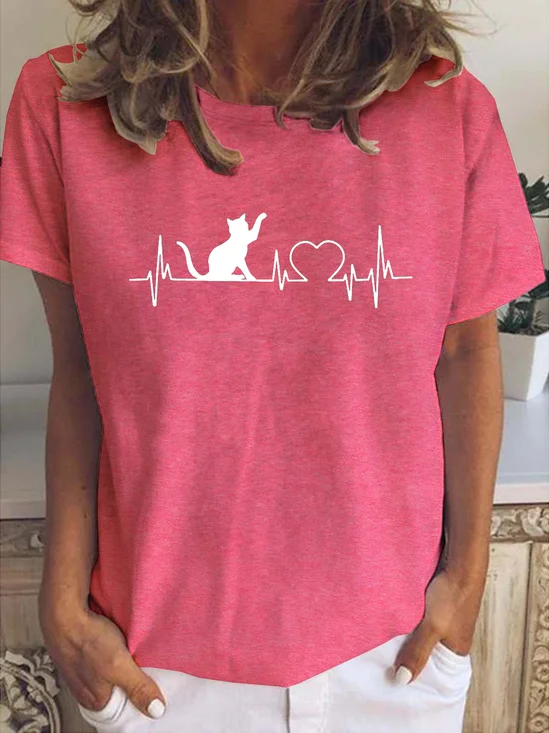 Simple Casual Cat Heart Print Crew Neck T-Shirt