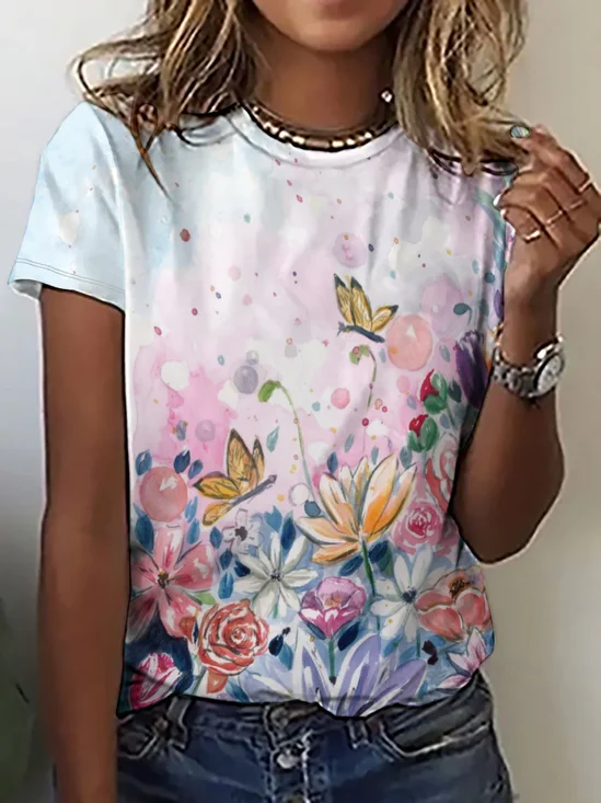 Casual Simple Floral Butterfly Print Crew Neck T-Shirt