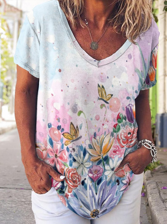 Casual Simple Floral Butterfly Print V-Neck T-Shirt