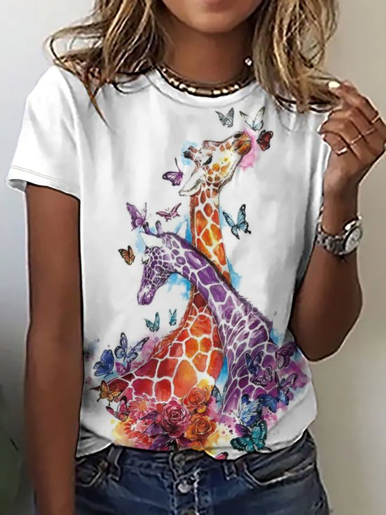 Women Funny Colorful Giraffe Crew Neck Simple Animal T-Shirt