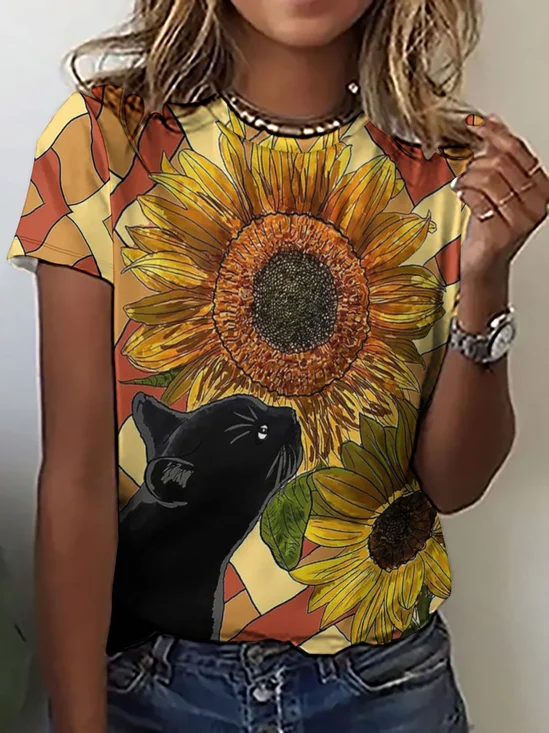 Women Black Cat And Sunflowers Crew Neck Loose T-Shirt