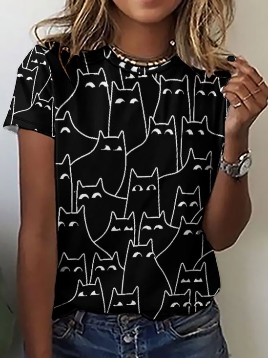 Women Funny Suspicious Cats Print Simple T-Shirt