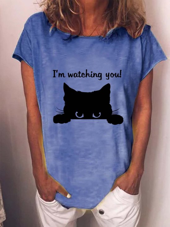Women Cat Letter Printing Casual Cotton-Blend Cat T-Shirt