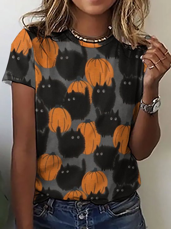 Women Funny Black Cat Pumpkin Simple Animal T-Shirt