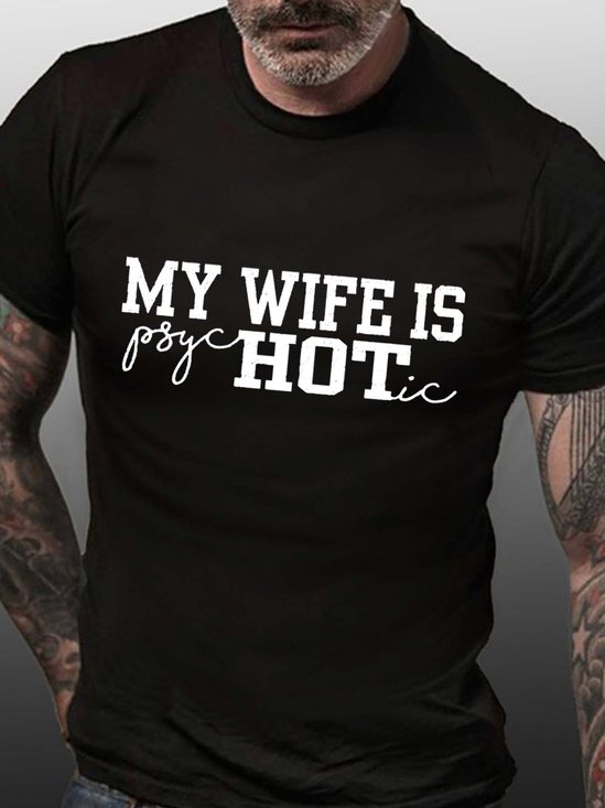 Men Wife Letter Casual Crew Neck Text Letters T-Shirt