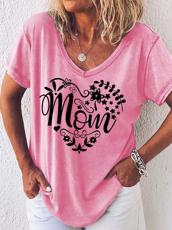 Women Mom Love Letter Casual Regular Fit V Neck T-Shirt