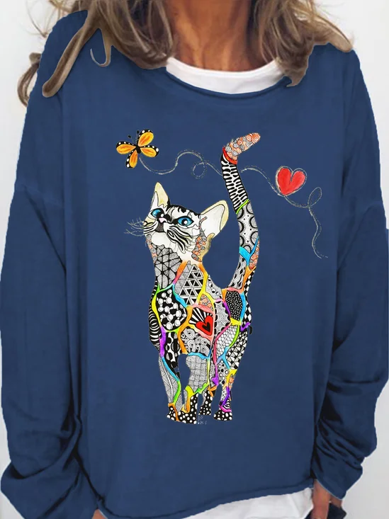 Womens Rainbow Kitty Wwith Butterfly Casual Crew Neck Sweatshirt