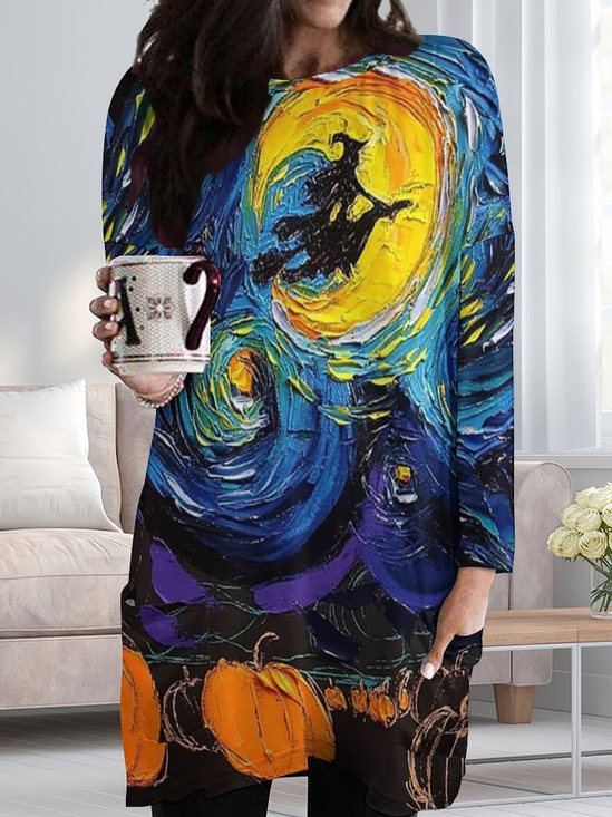 Women Funny Painting Witch Pumpkin Starry Night Casual Halloween Dress