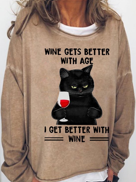 Womens Black Cat Wine Gets Better With Age I Get Better With Wine Casual Sweatshirt