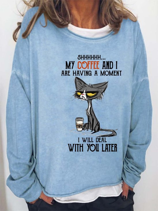 Women Cat Coffee Letters Loose Cat Sweatshirt