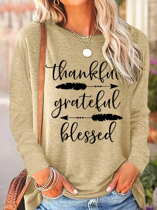 Womens Thankful Grateful Blessed Crew Neck Cotton-Blend Top