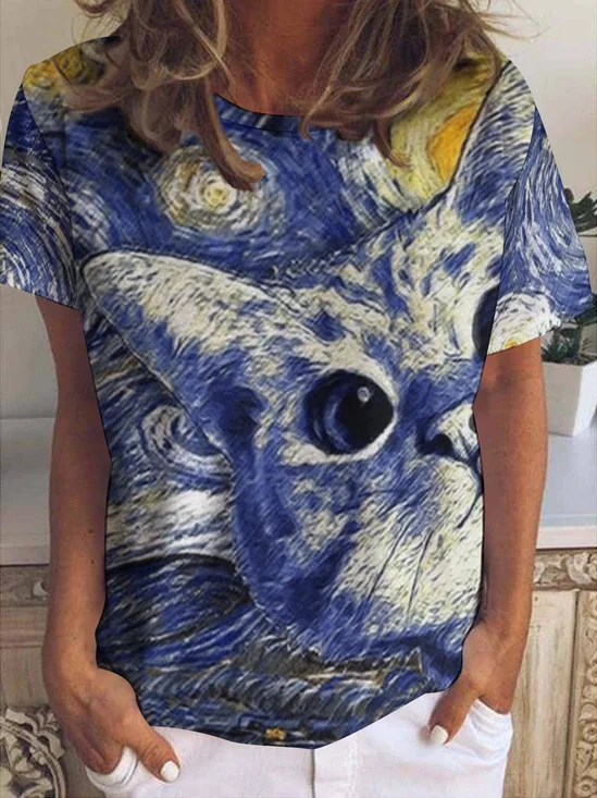 Women Cat Star Night Pattern Crew Neck T-Shirt