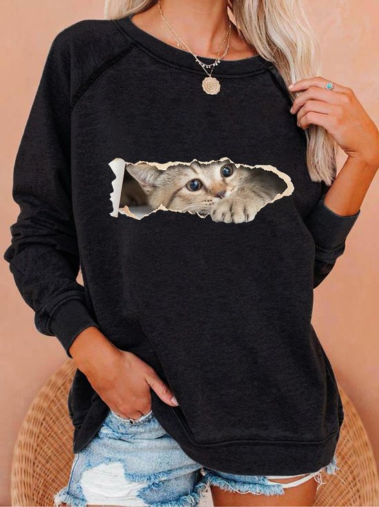 Women Funny Cat Simple Crew Neck Sweatshirt