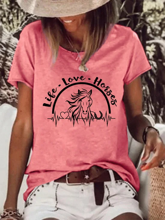 Women Funny Life Love Horses Cotton-Blend Simple T-Shirt