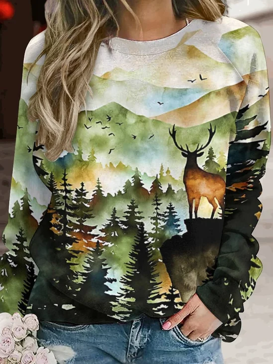 Womens Mountains Art Print Crew Neck Sweatshirts