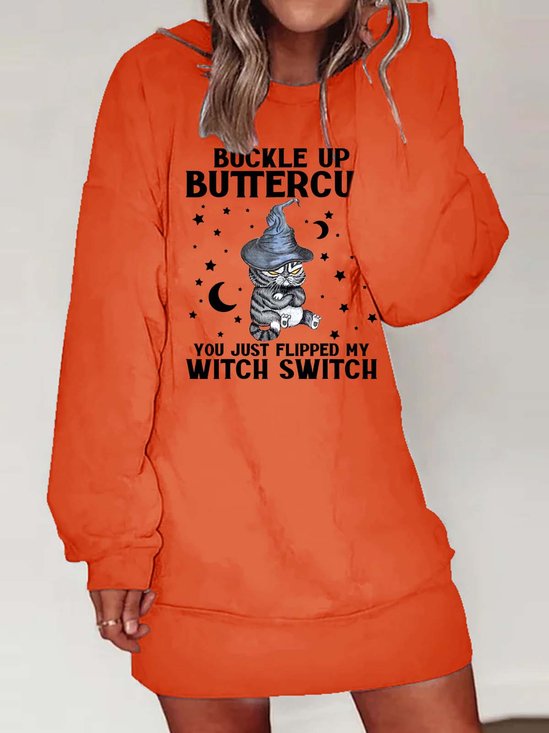 Women Buckle Up Black Cat Witch Switch Casual Sweatshirt Dress