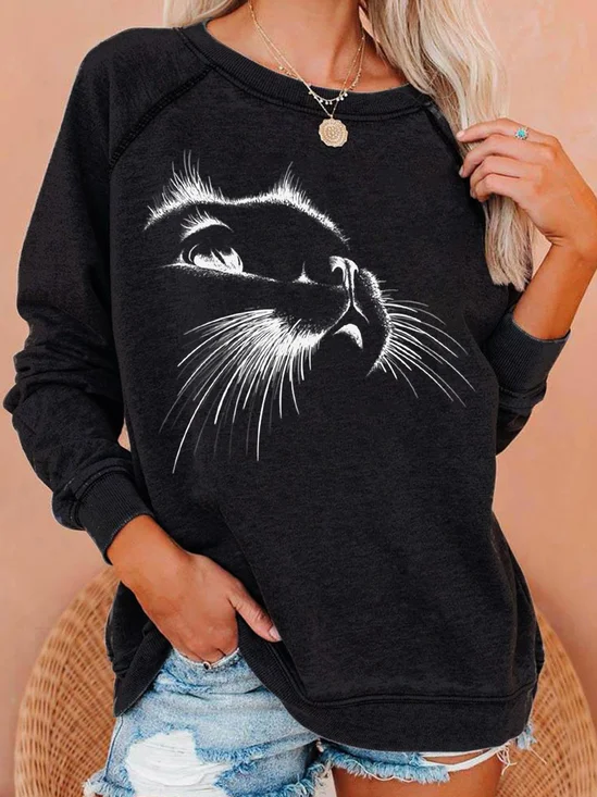 Womens Black Cat Casual Crew Neck Sweatshirt