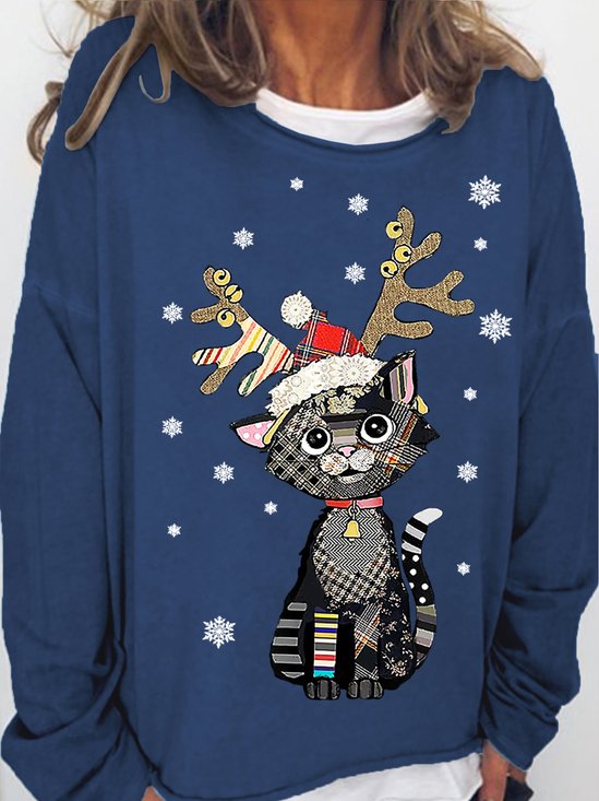 Womens Christmas Black Cat Art Print Casual Sweatshirt