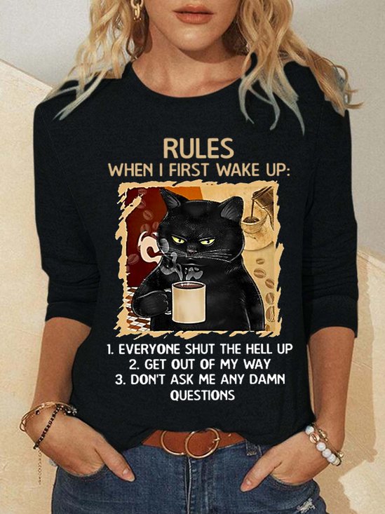 Women Black Cat Rules Cotton-Blend Simple Long  Sleeve Top