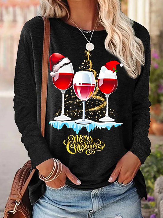 Women's Wine Simple Christmas Crew Neck Long Sleeve Top