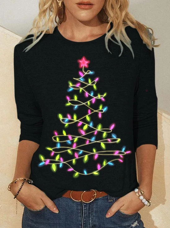 Women's Christmas Tree Light Crew Neck Casual Long Sleeve Top