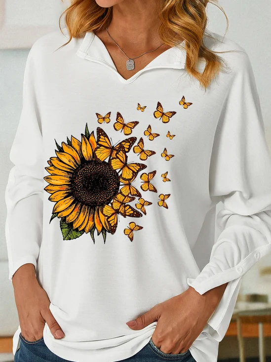 Womens Butterfly Sunflowers Print Casual Sweatshirt