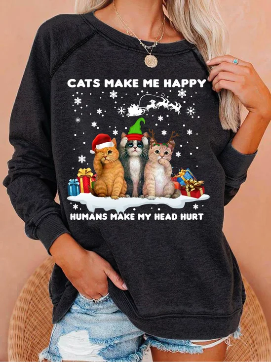 Womens Christmas Cat Lover Casual Crew Neck Sweatshirt