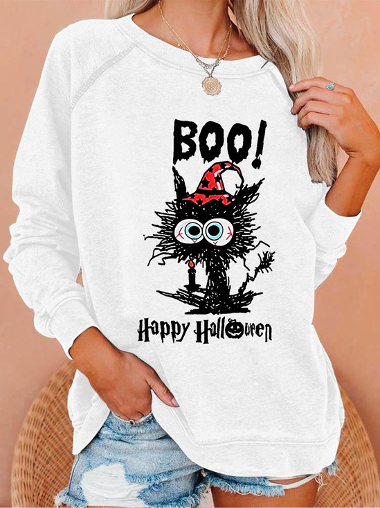 Women Cat Mom Boo Happy Halloween Crew Neck Sweatshirt