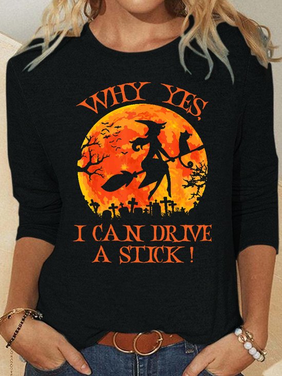 Womens Halloween Witch I Can Drive Stick Crew Neck Top
