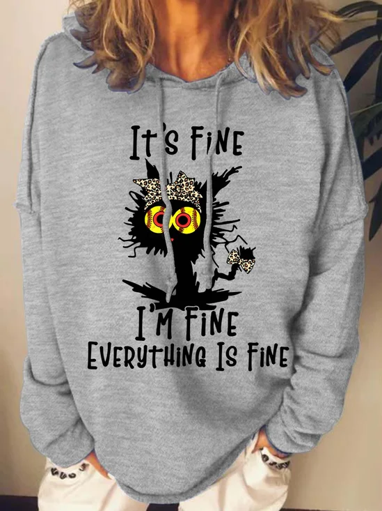 Women Black Cat I’m Fine Text Letters Sweatshirt