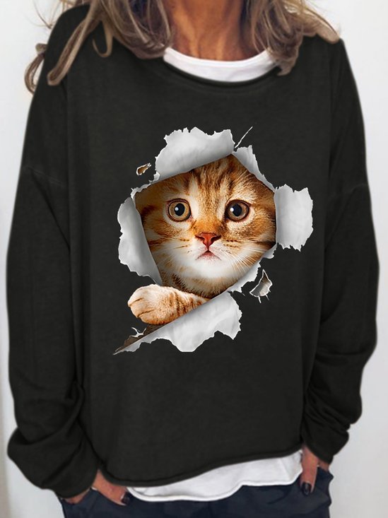 Womens 3D Cat Print Crew Neck Sweatshirt