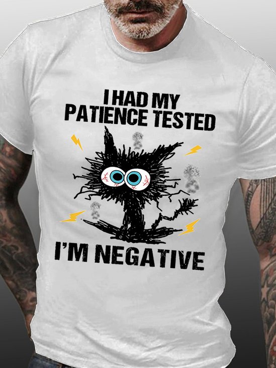 Men's I Am Negative Funny Grumpy Black Cat Graphic Print Casual Text Letters Cotton T-shirt