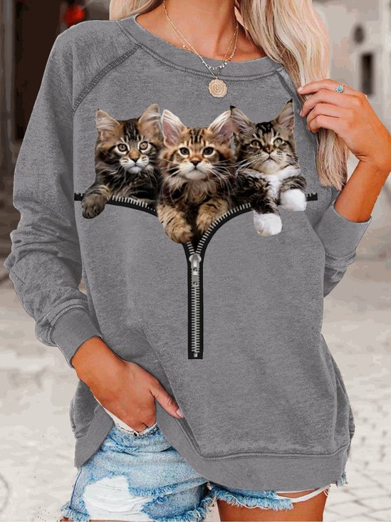 Womens Cat Lover Casual Crew Neck Sweatshirt