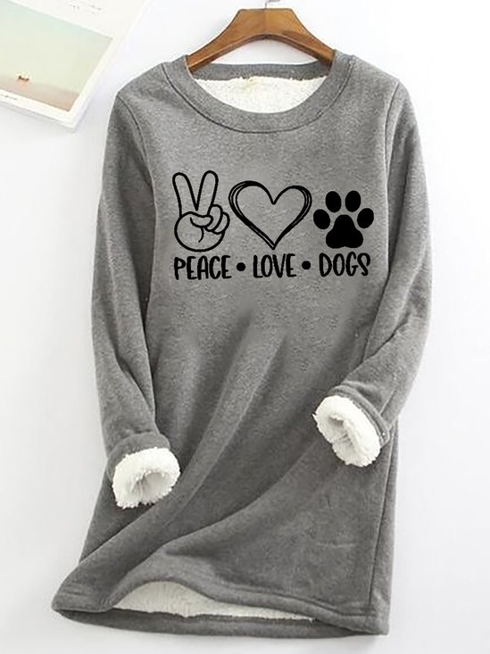 Women Funny Peace Love Dogs Crew Neck Warmth Fleece Sweatshirt