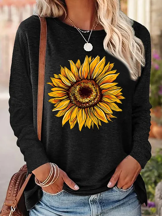 Women Sunflower Crew Neck Simple Regular Fit Long Sleeve Top