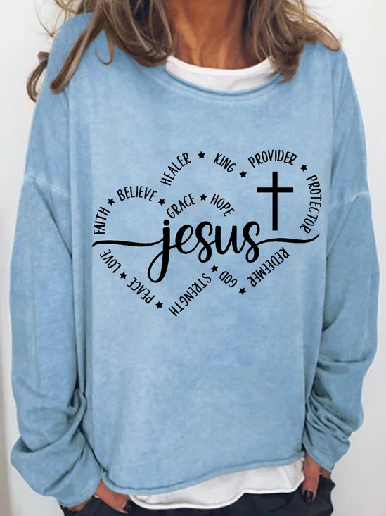 Women Jesus Faith Love Believe Christian Heart Crew Neck Sweatshirt