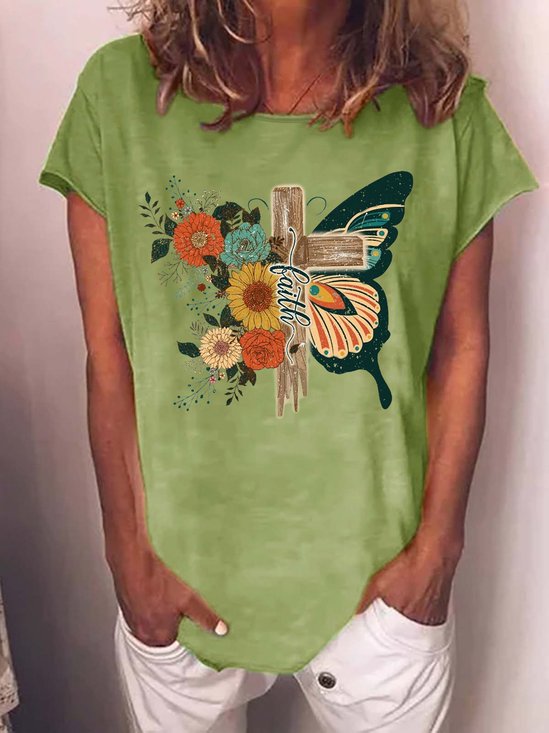 Women's Faith Graphic Retro Floral Christian Casual Loose Butterfly Crew Neck T-Shirt