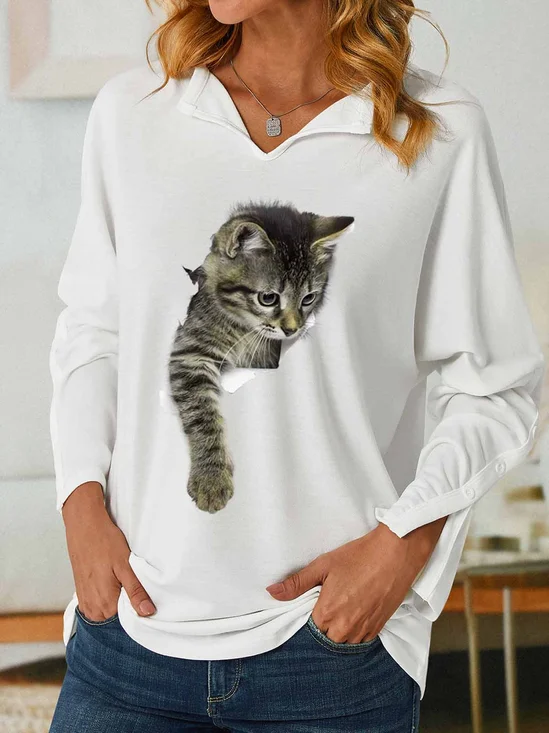 Women Funny 3D Print Cat V Neck Loose Sweatshirt