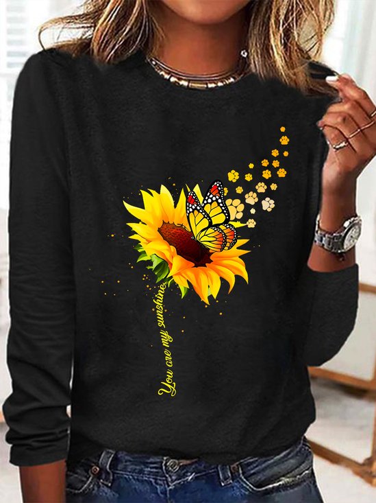 Women's Butterfly Paw Print Blooms Sunflower You Are My Sunshine Cotton-Blend Simple Long Sleeve Top