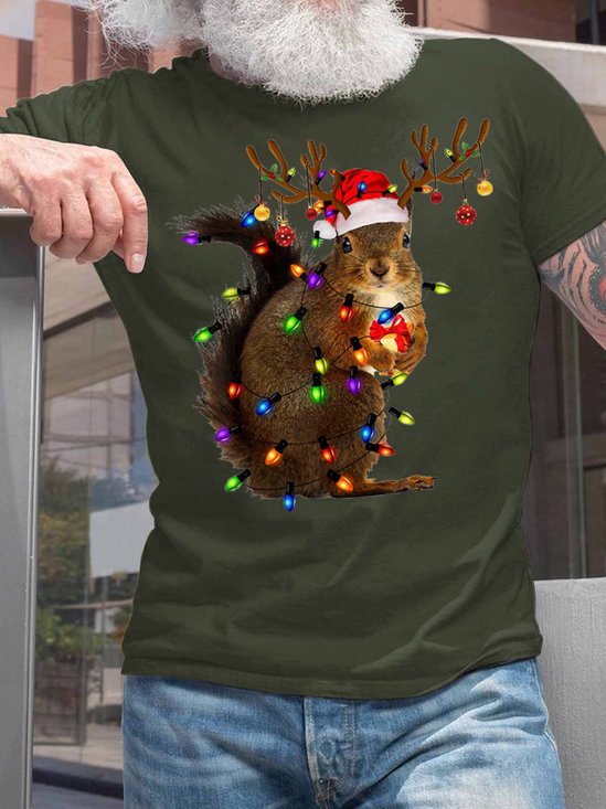Men's Christmas Squirrel Light Casual Crew Neck T-Shirt